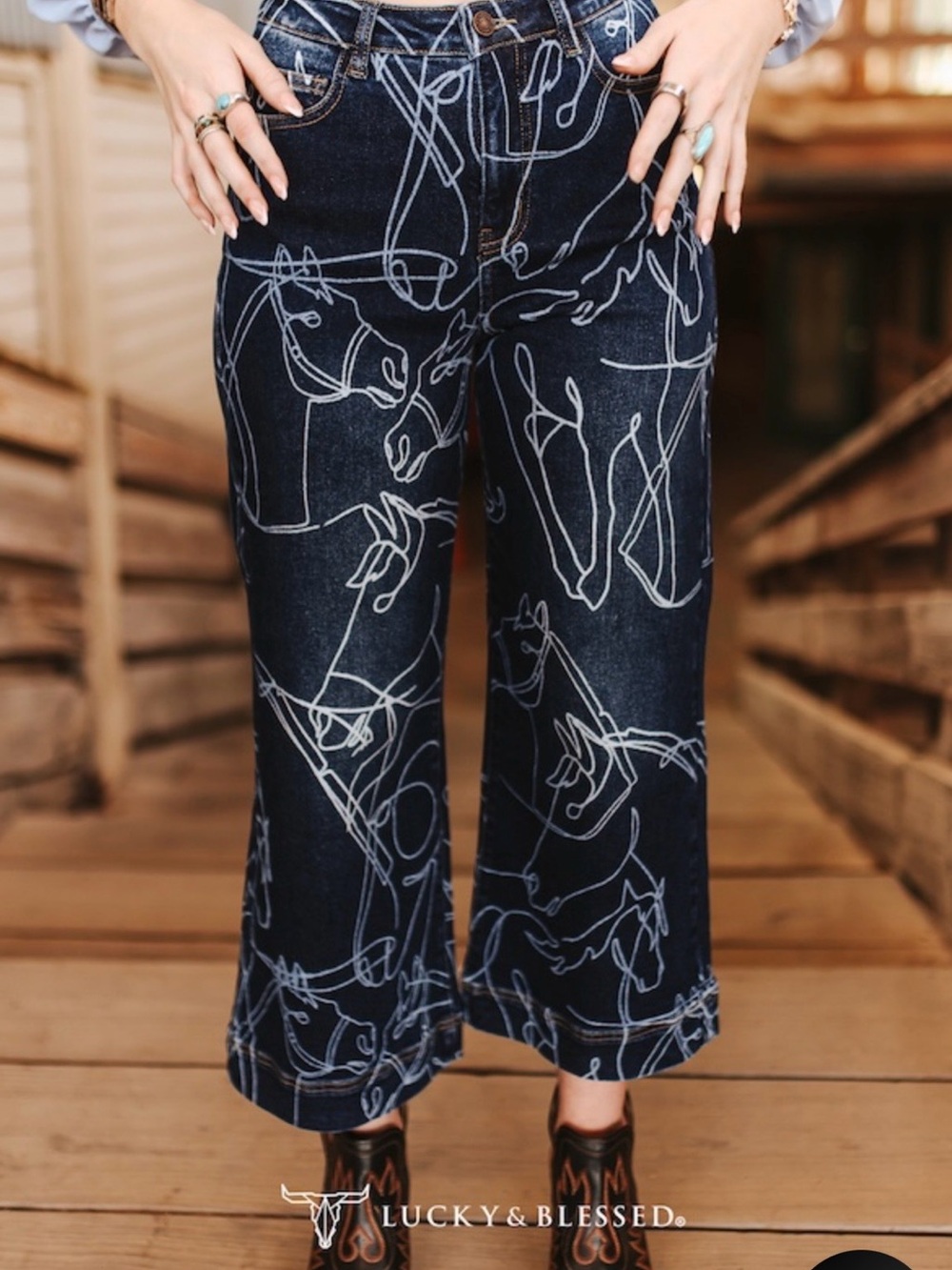 Lucky & Blessed Sketchy Horses Denim Crops